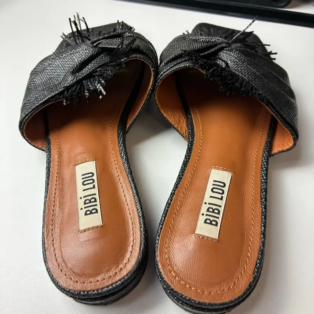 Bibi Lou Anthropologie Black Woven Slides Womens Size EU 37/US 7 Twist Fringe